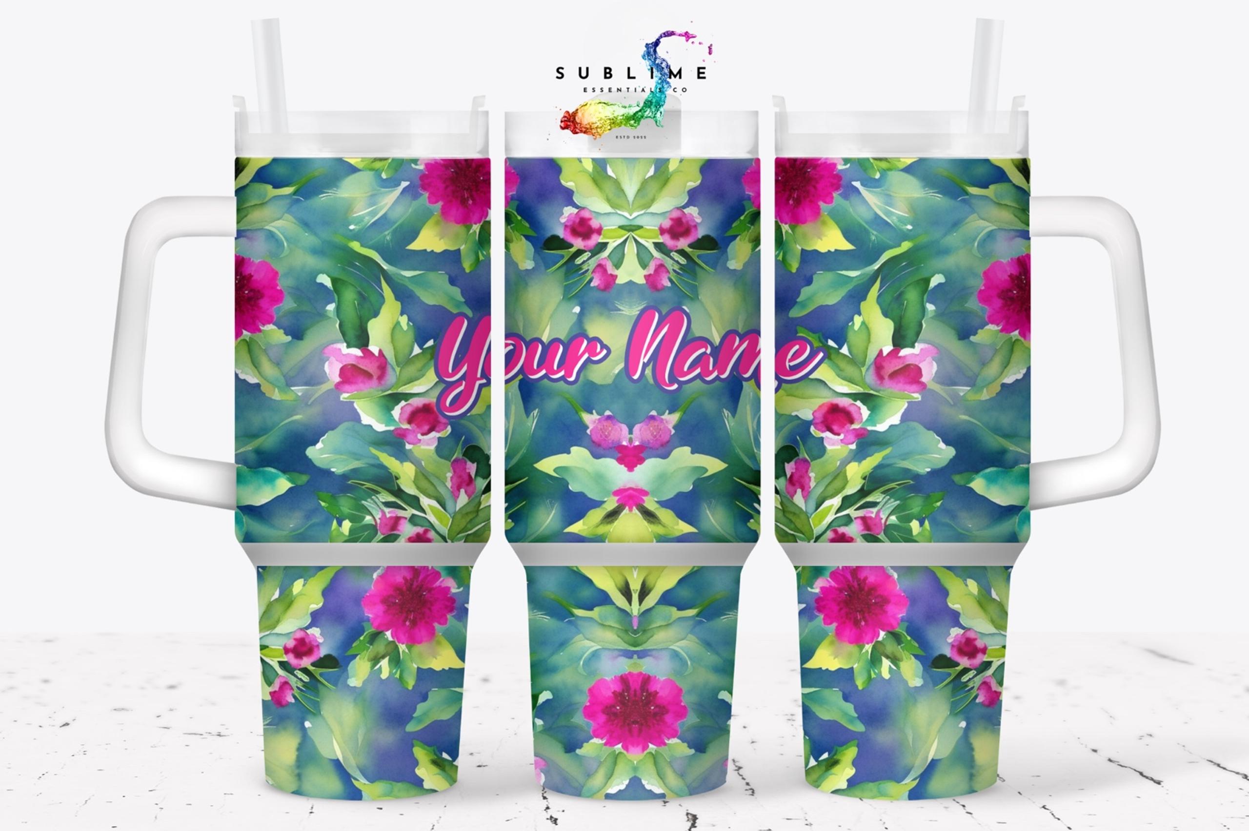 "Magenta Flower Burst" - 40 oz Tumbler w/White Lid & Handle