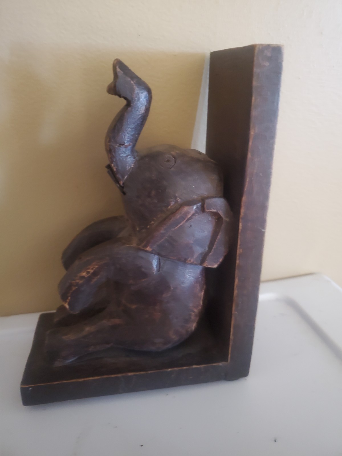 Wood Elephant Bookend Hand Carved