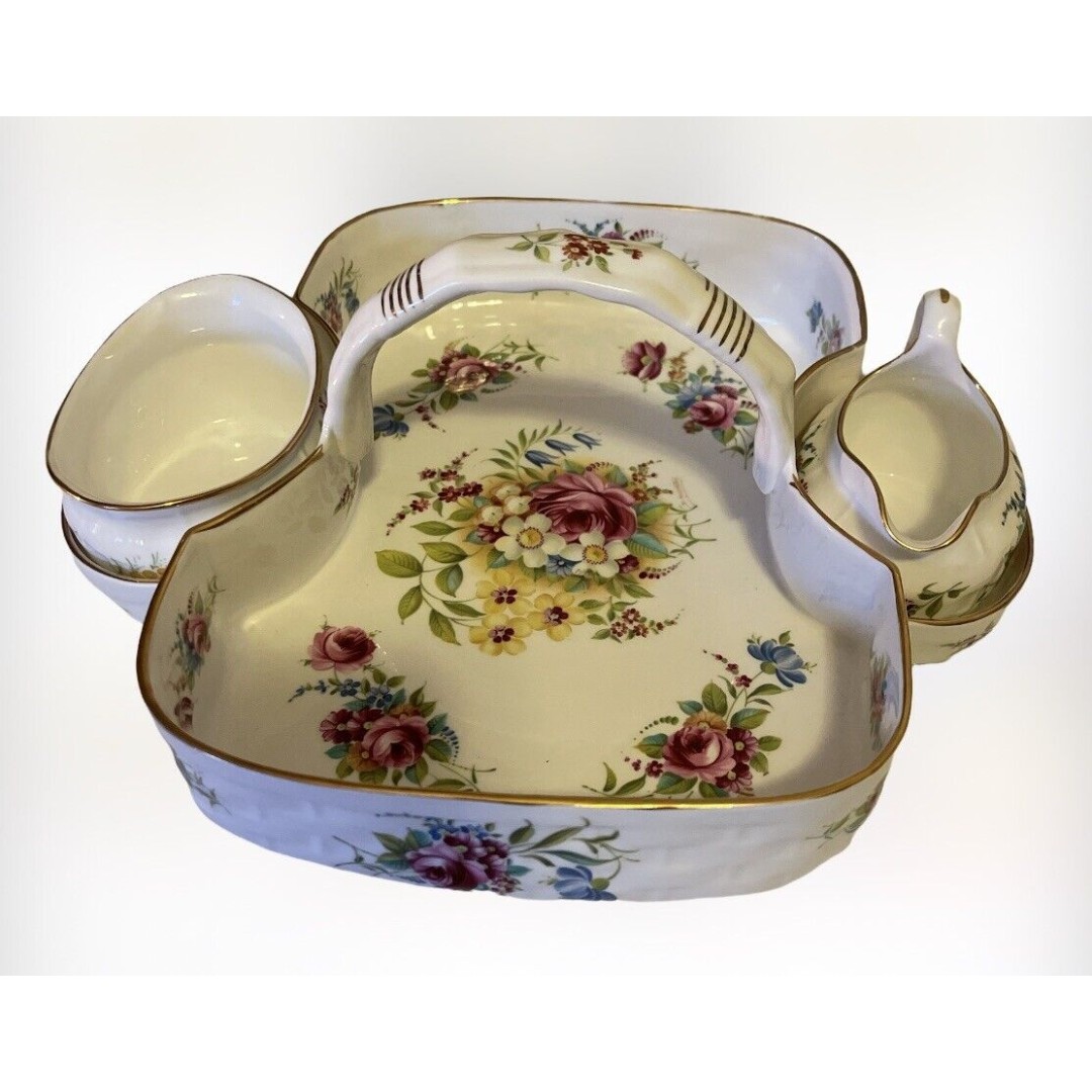 Vintage Coalport Bone China England Wildflower Tray with Sugar Bowl and Creamer