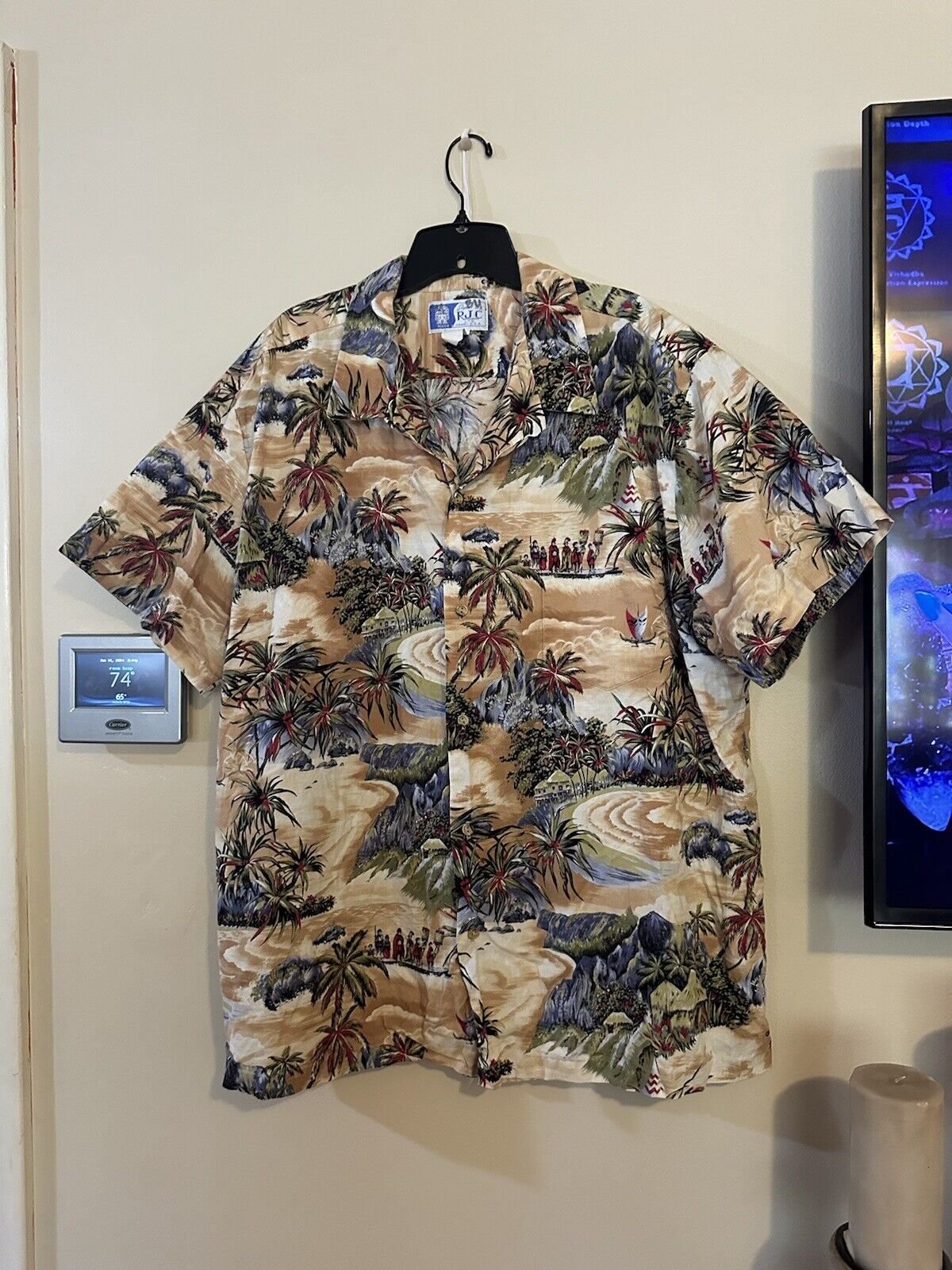 RJC Hawaiian Mens Large Multicolor Hawaiian Short Sleeve Mountains Villagers