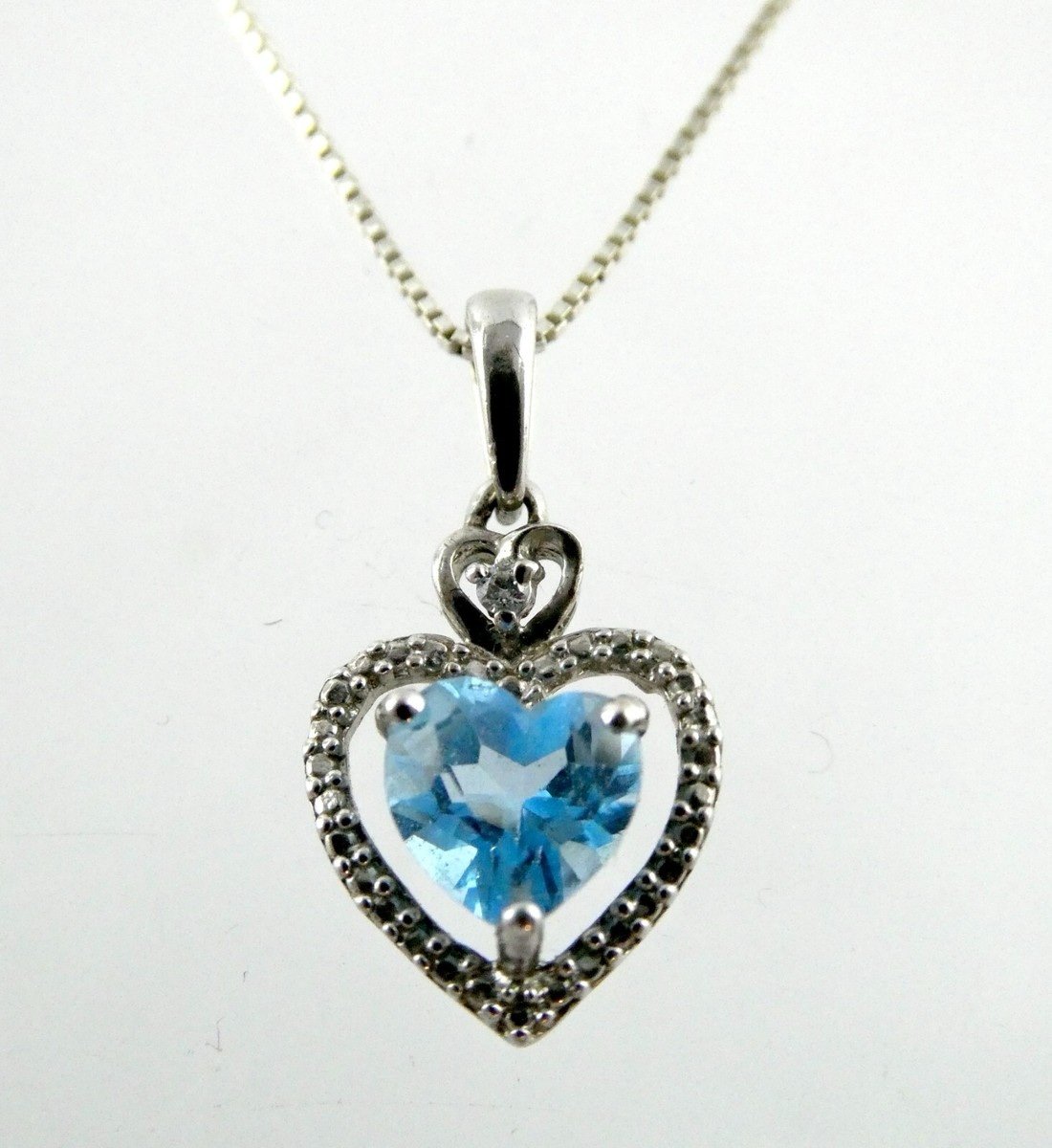 Genuine 0.15ct tw Diamond Aquamarine Heart Pendant Necklace