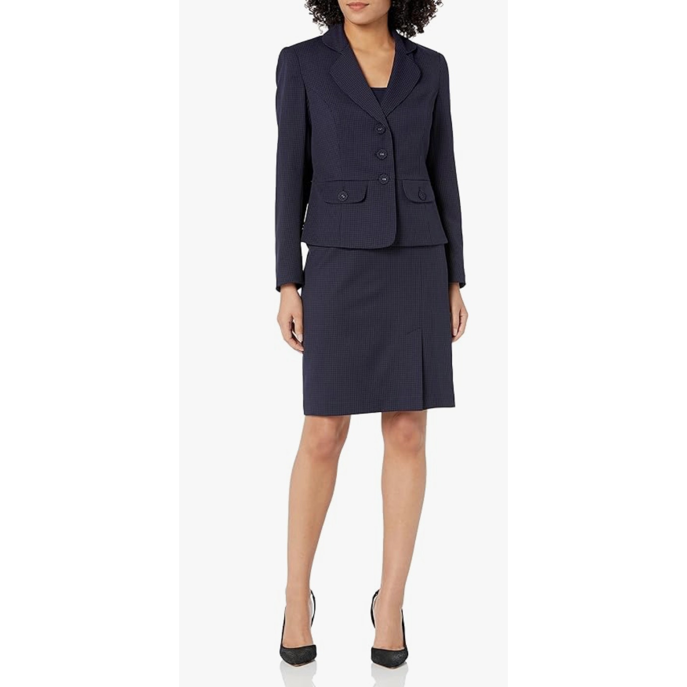 Le Suit Tonal Check Three Button Jacket and Side Slit Skirt Womens 12 Navy Blue