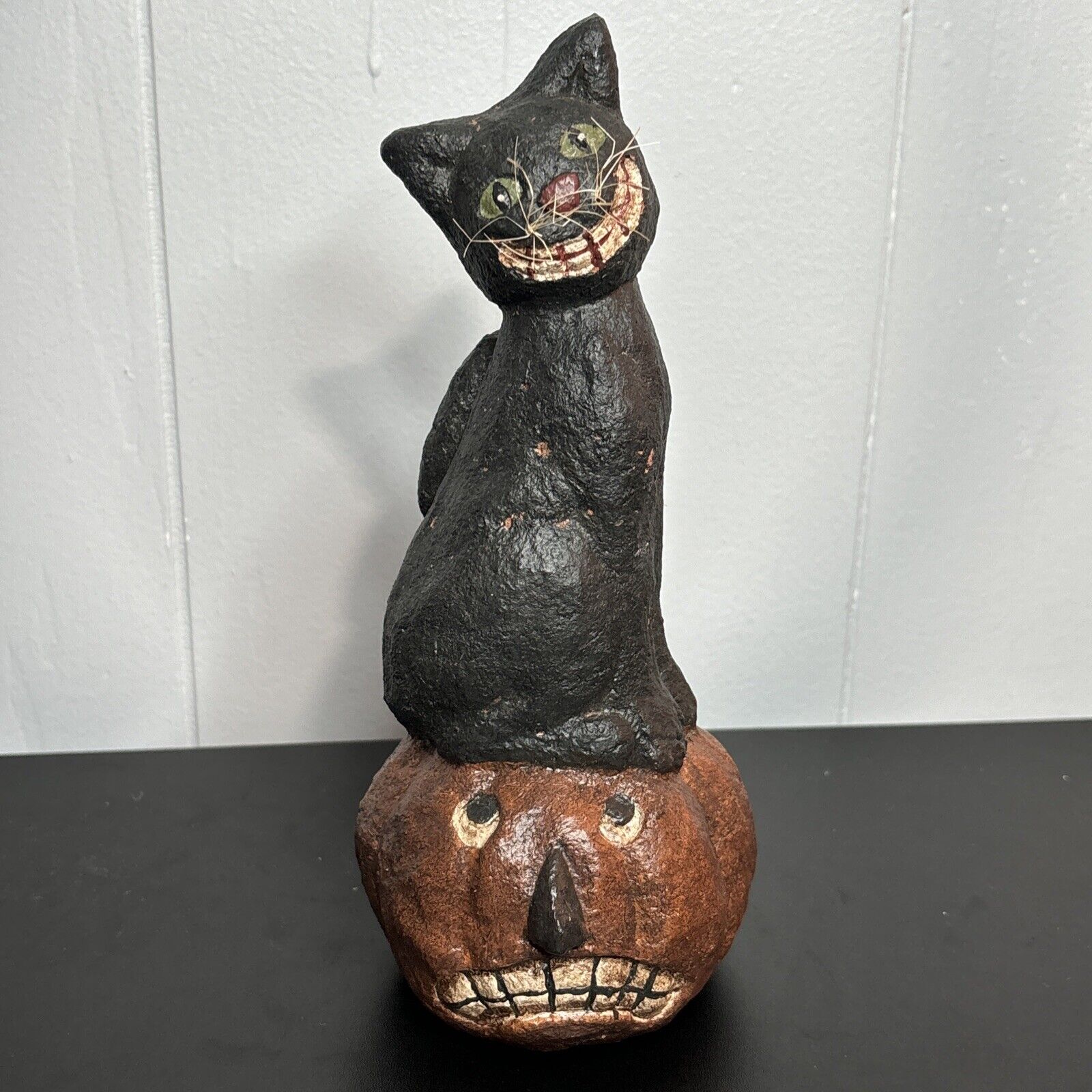 Primitive Black Cat Smiley Whiskers Sculpture w/ Pumpkin Paper Mache Figure