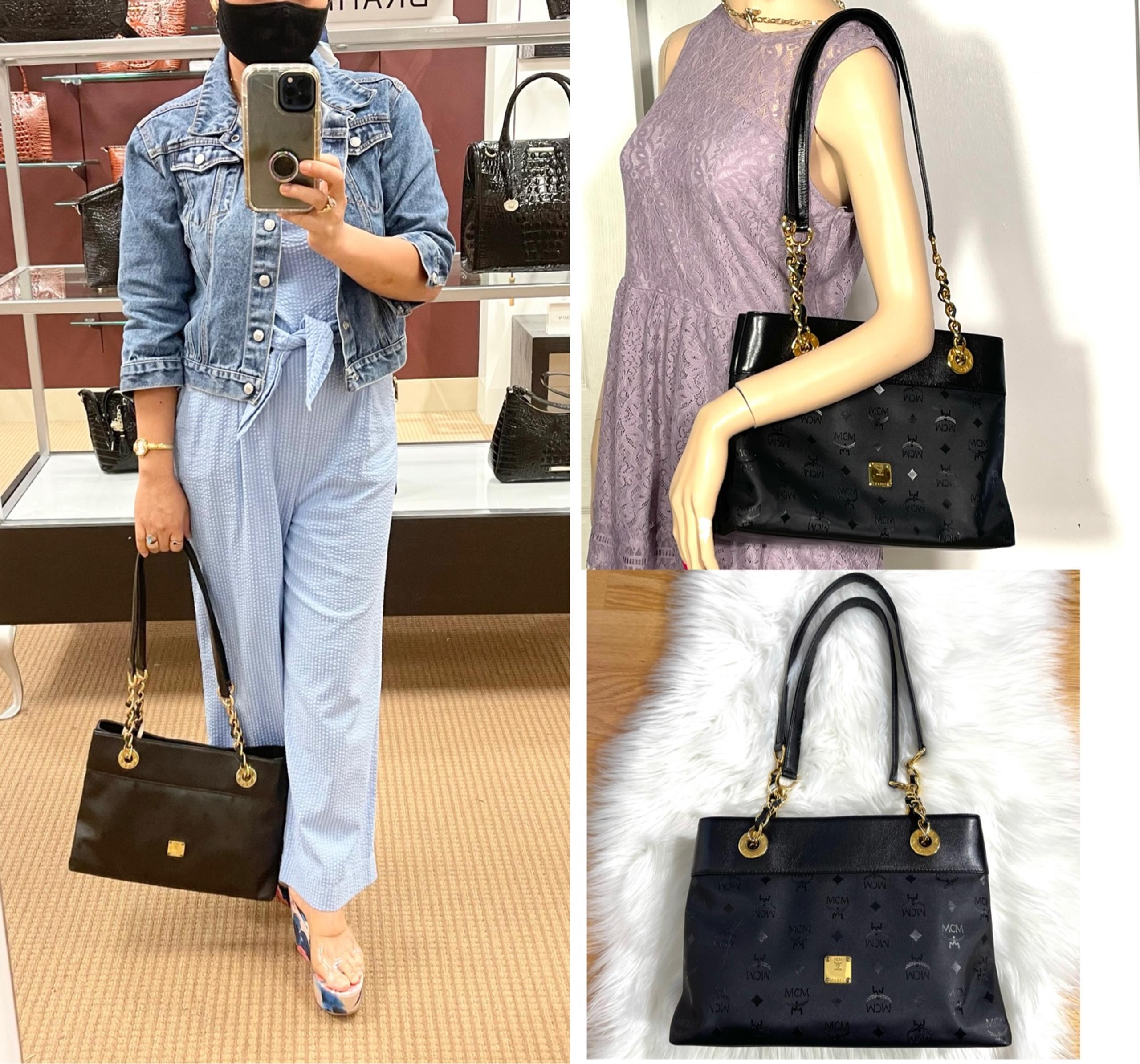 MCM Medium long strap tote bag in black Visetos nylon coated canvas