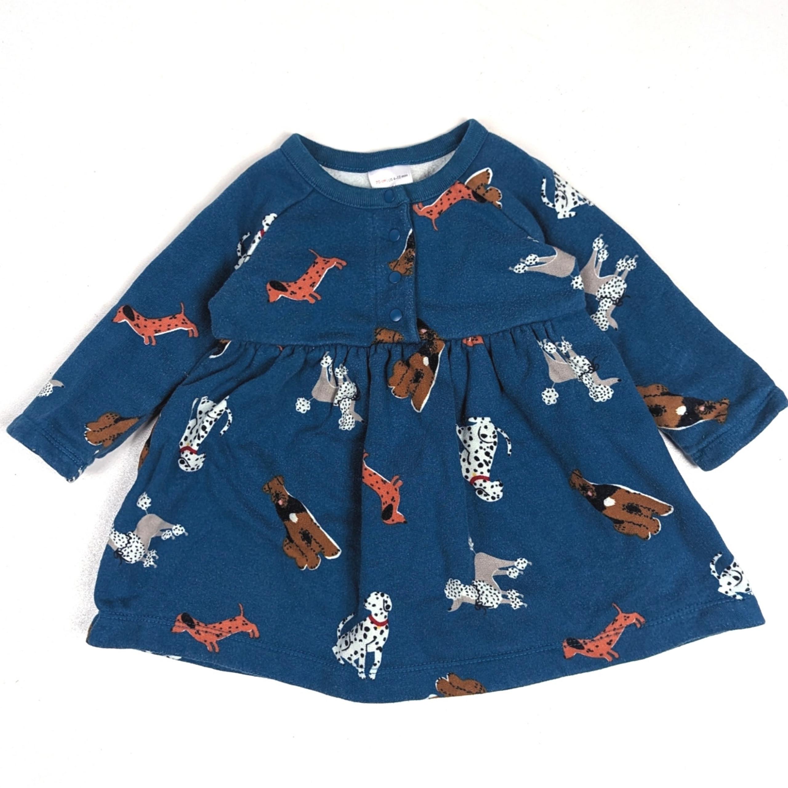 Hanna Andersson Dress Baby Girls Sz 6-12m Blue Fleece Puppy Dog Fall Winter