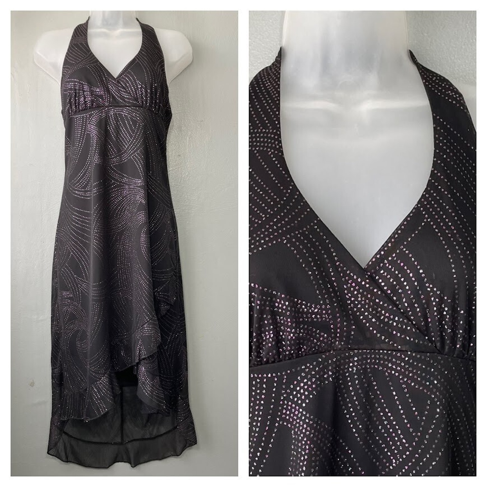 A Byer Size Medium Sleeveless Black Glitter Babydoll Halter Dress Whimsigoth Y2K