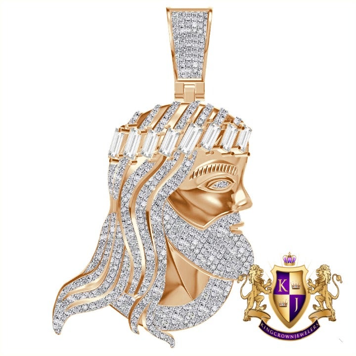 Real Diamond 0.61 Cwt. Jesus Face Christ Head Charm 10K Gold Over Pendent 2.25''