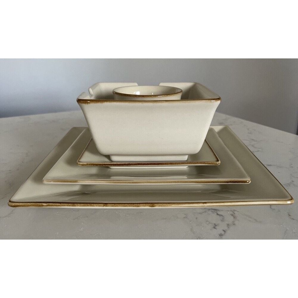 Pottery Barn Square Asian Cream 5 Piece Dinnerware Set Stoneware Japan Place Set