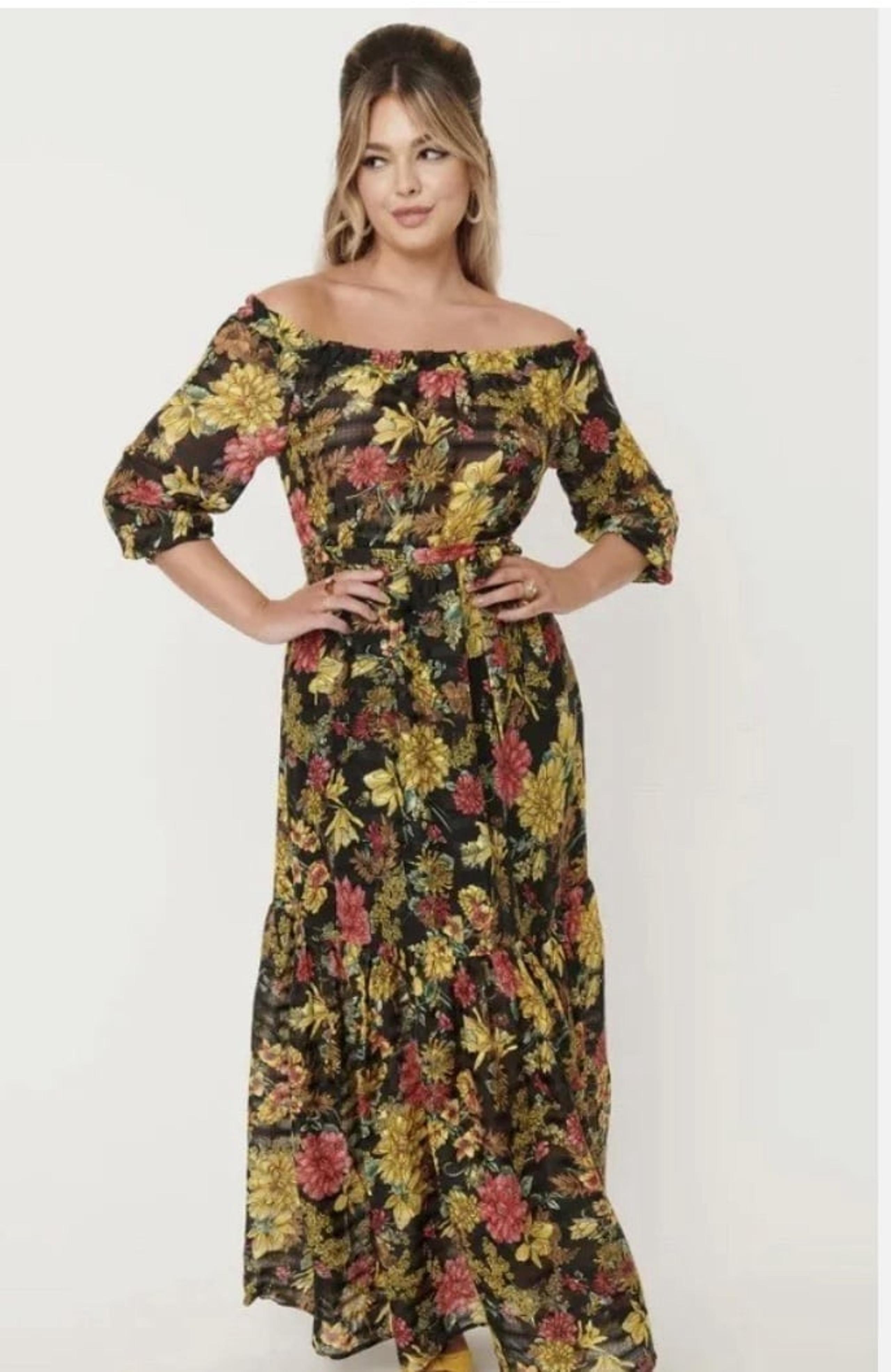 UNIQUE VINTAGE Black/Yellow Floral Print Sweet Escape Maxi Dress