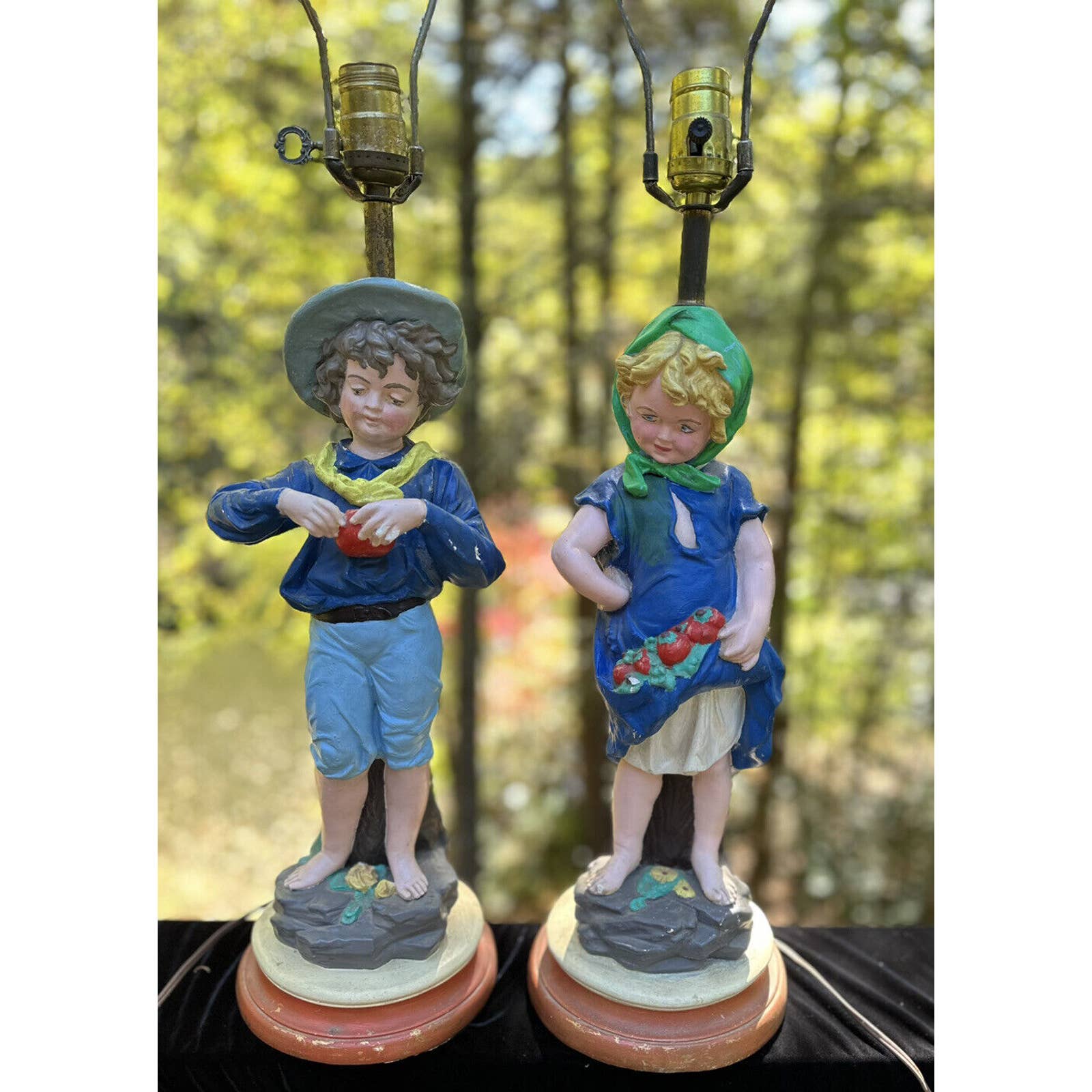 2 1930s Beautifully Brightly Hand-Painted 30” Boy & Flirty ￼Girl Lamps -BA