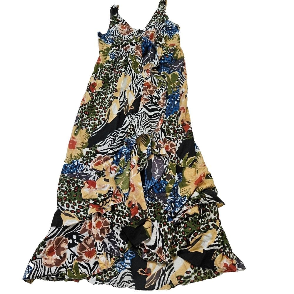 Grace Elements Safari Jungle Ruffle Hippie Lagenlook Eclectic Maxi Dress Sz L