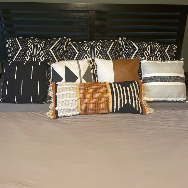 Boho Lumbar Pillowcase, Black and Ochre Tufted Lumbar Pillow 12 x 30 . WA