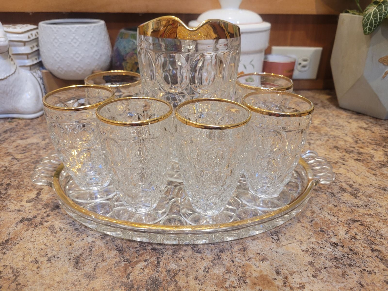 Midcentury Glass and Gold Pitcher, Glasses, Tray