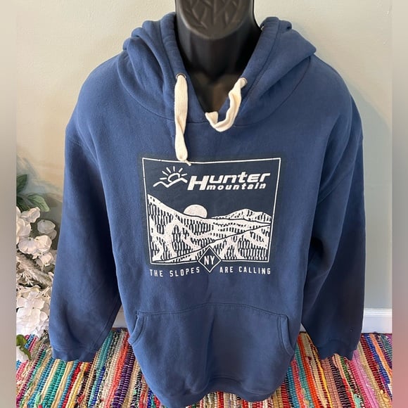 NEW Hunter Mountain New York Hooded Sweatshirt Ski Snowboard Navy Blue Large