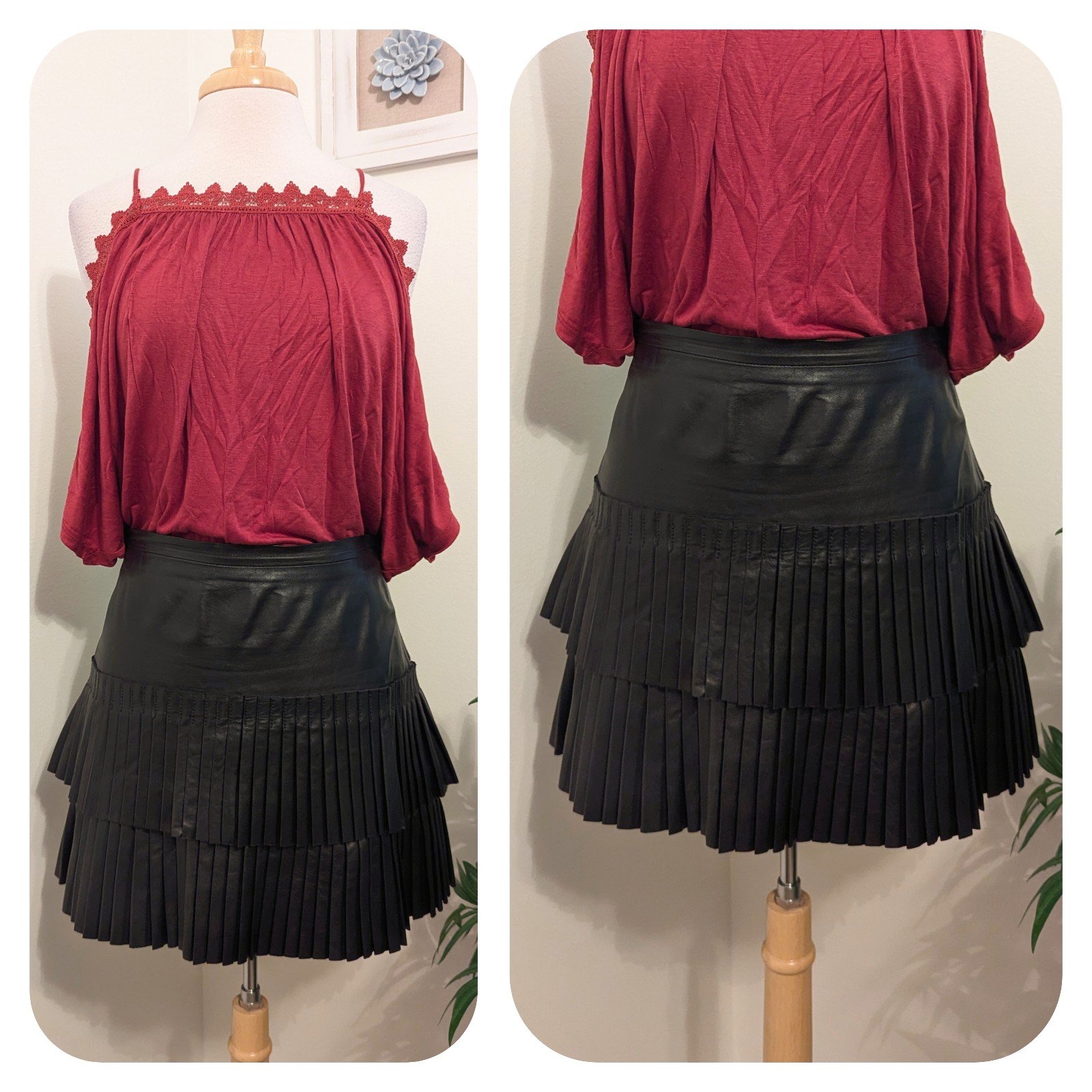 BCBGMAXAZRIA Pleated Lamb Leather Mini Skirt Black Size 8