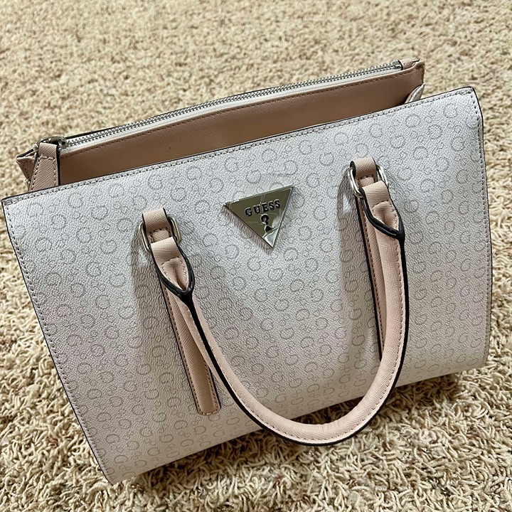 Guess Women’s Faux Leather Logo Allover Satchel Handbag Eggshell (New)