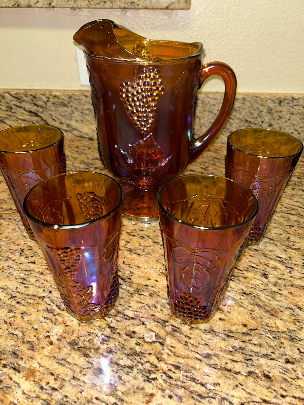 Vintage Carnival Glass pitcher set w/chip bowl