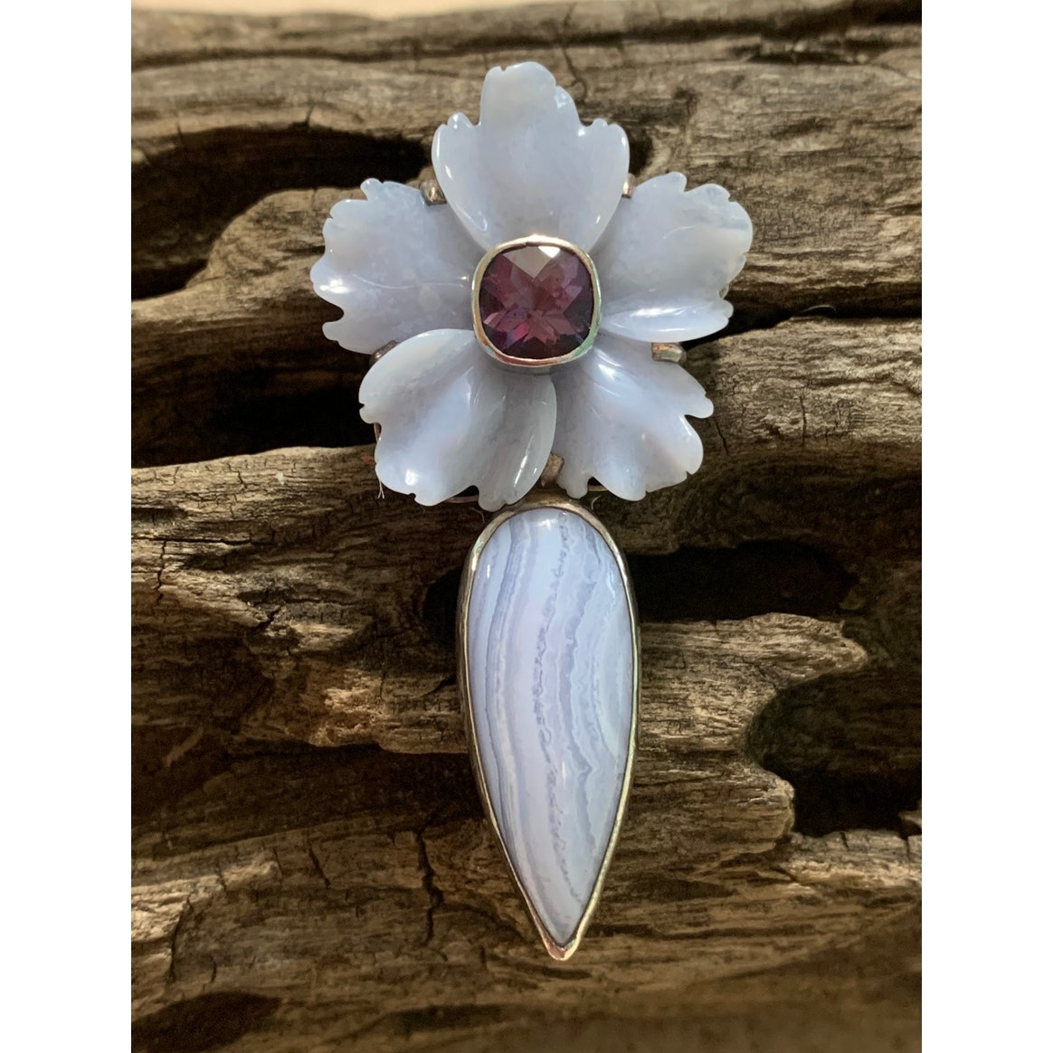 AKR Blue Lace Agate, Amethyst and Sterling Silver Flower Pendant/Brooch