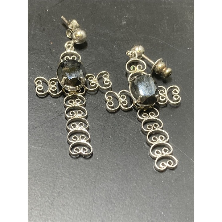 vintage cross black stone sterling .925 silver earrings