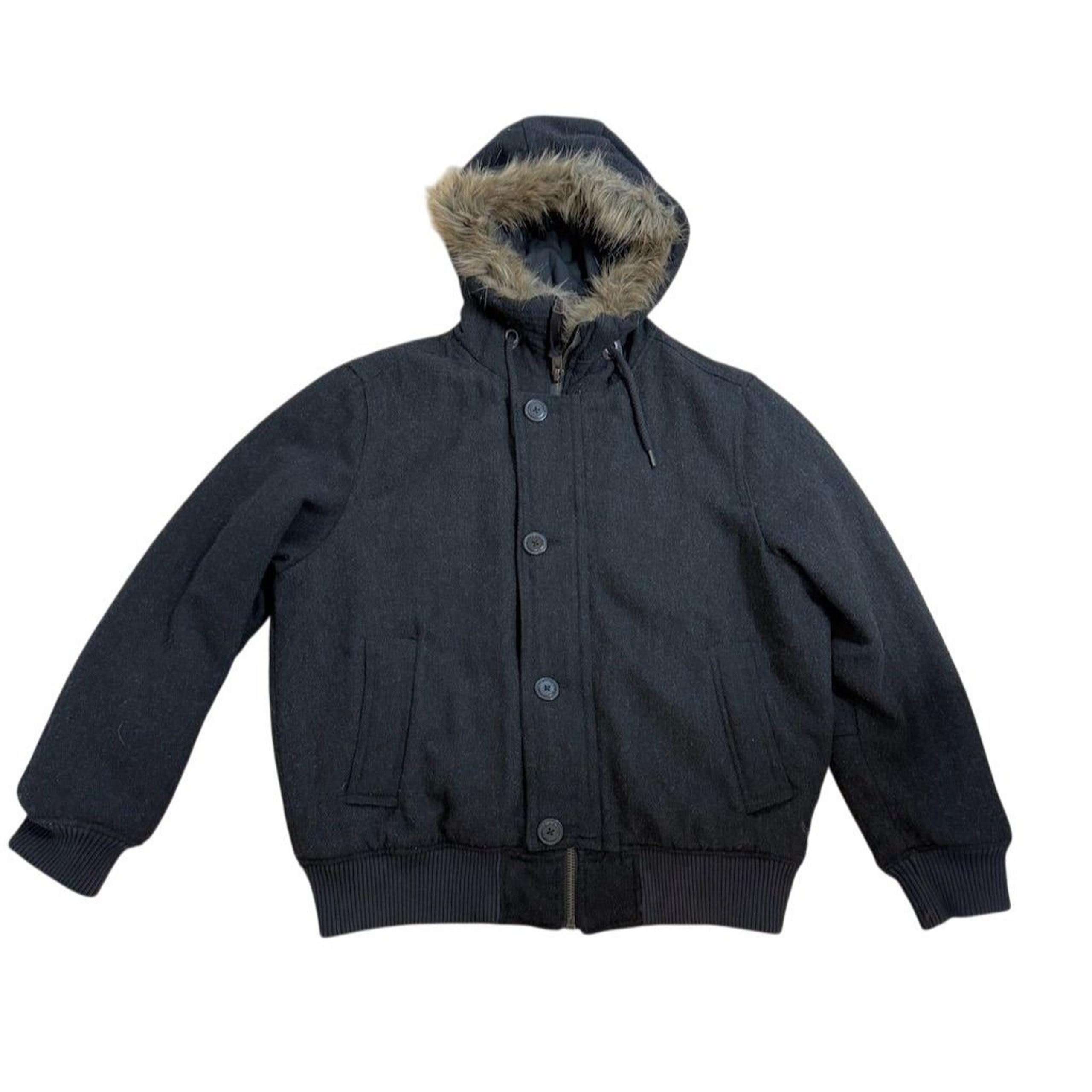 American Eagle S Mens Black Parka Coat with Faux Fur Hood Winter wool AE Y2K EUC