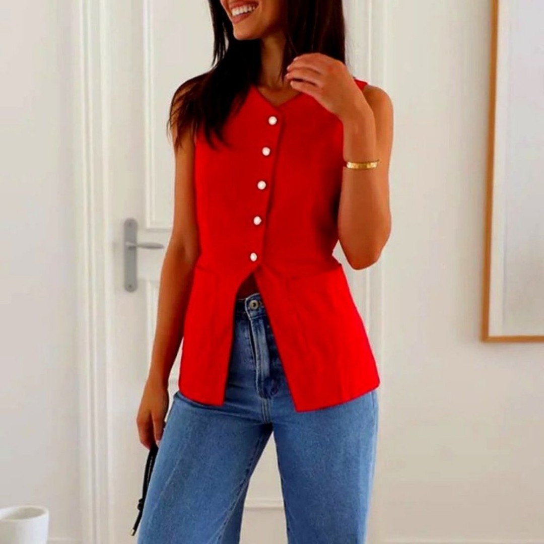 Solid Red V-Neck Button-Down Vest With Pockets & Button Down Closure Waistcoat