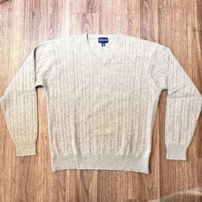 Alan Flusser Mens 100% Cashmere Cable Knit V-Neck Sweater Large Heathered Gray