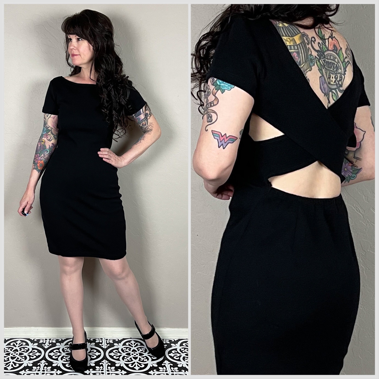 Vintage 1980s Black Cutout Crisscross Wool Mini Dress