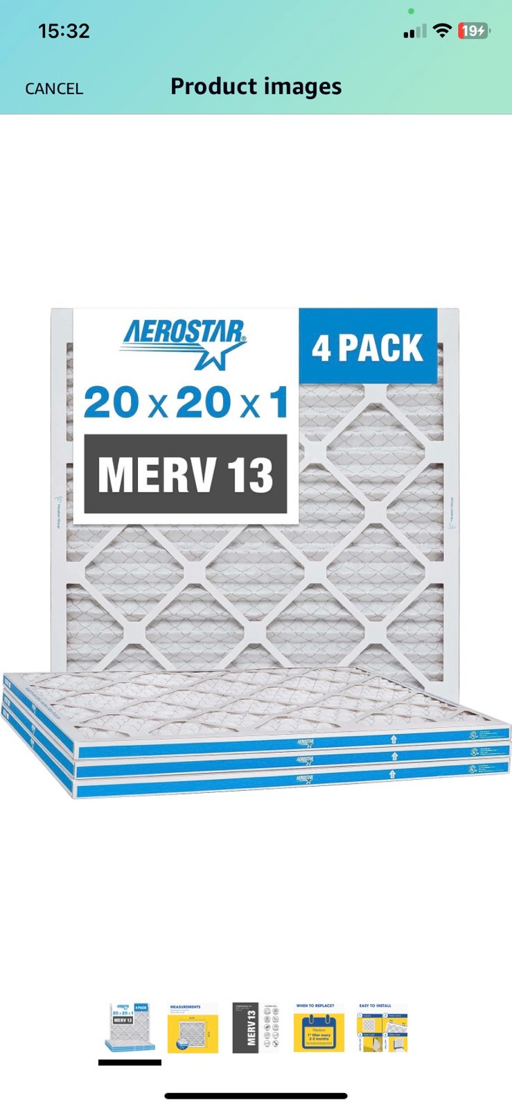 Aerostar 20x20x1 MERV 13 Pleated Air Filter 4 pack