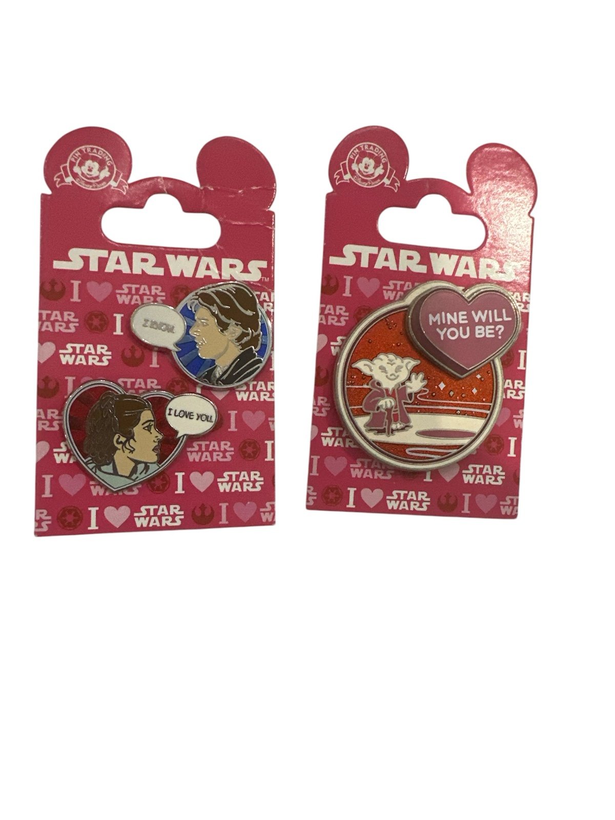 Disney Star Wars Valentines trading Pins set of 2 princess Leia, Han Solo & Yoda