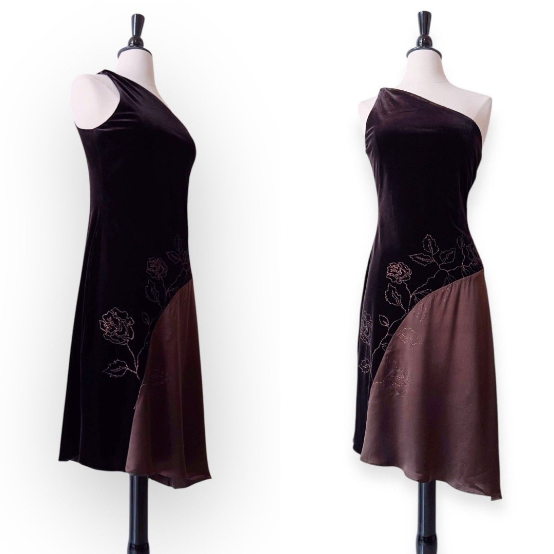 Vintage Laundry Asymmetrical Dress 6 Brown Velvet Silk Floral Y2K 90s Whimsigoth