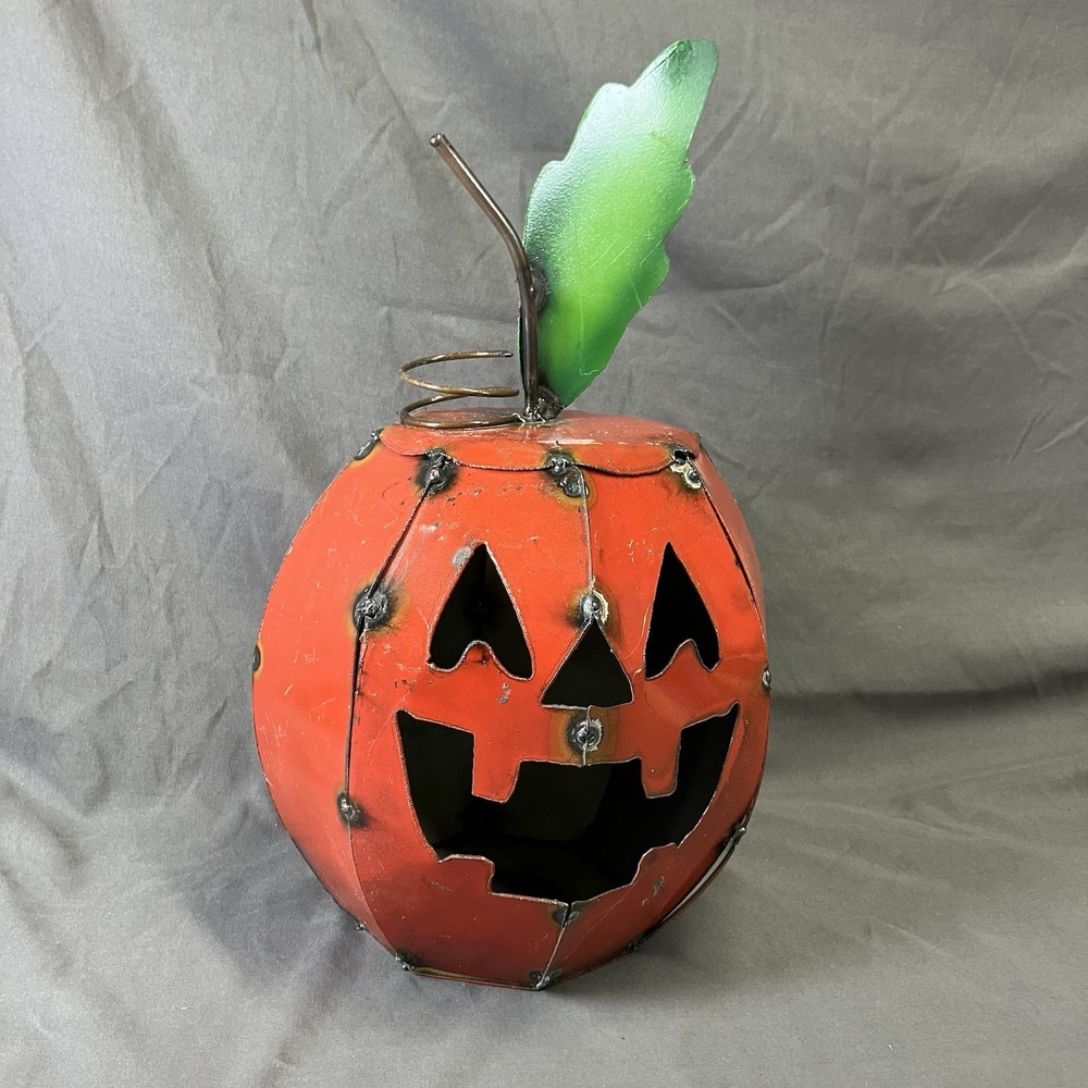 Rustic Metal Pumpkin Jack o Lantern / Halloween / Recycled Upcycled Orange Round