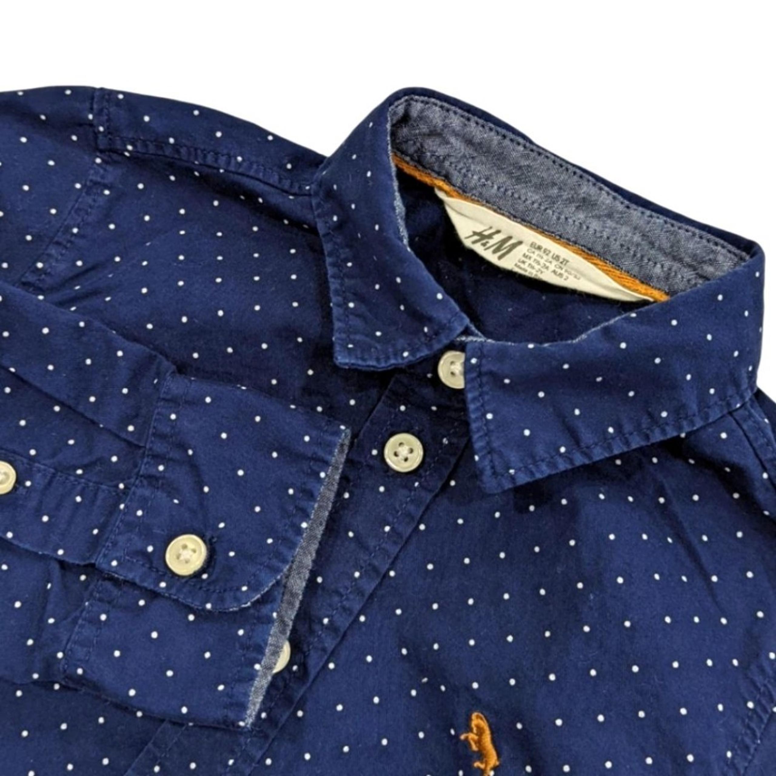H&M Navy Blue White Polka Dot Button Down Oxford Shirt Toddler Boy Size 2T
