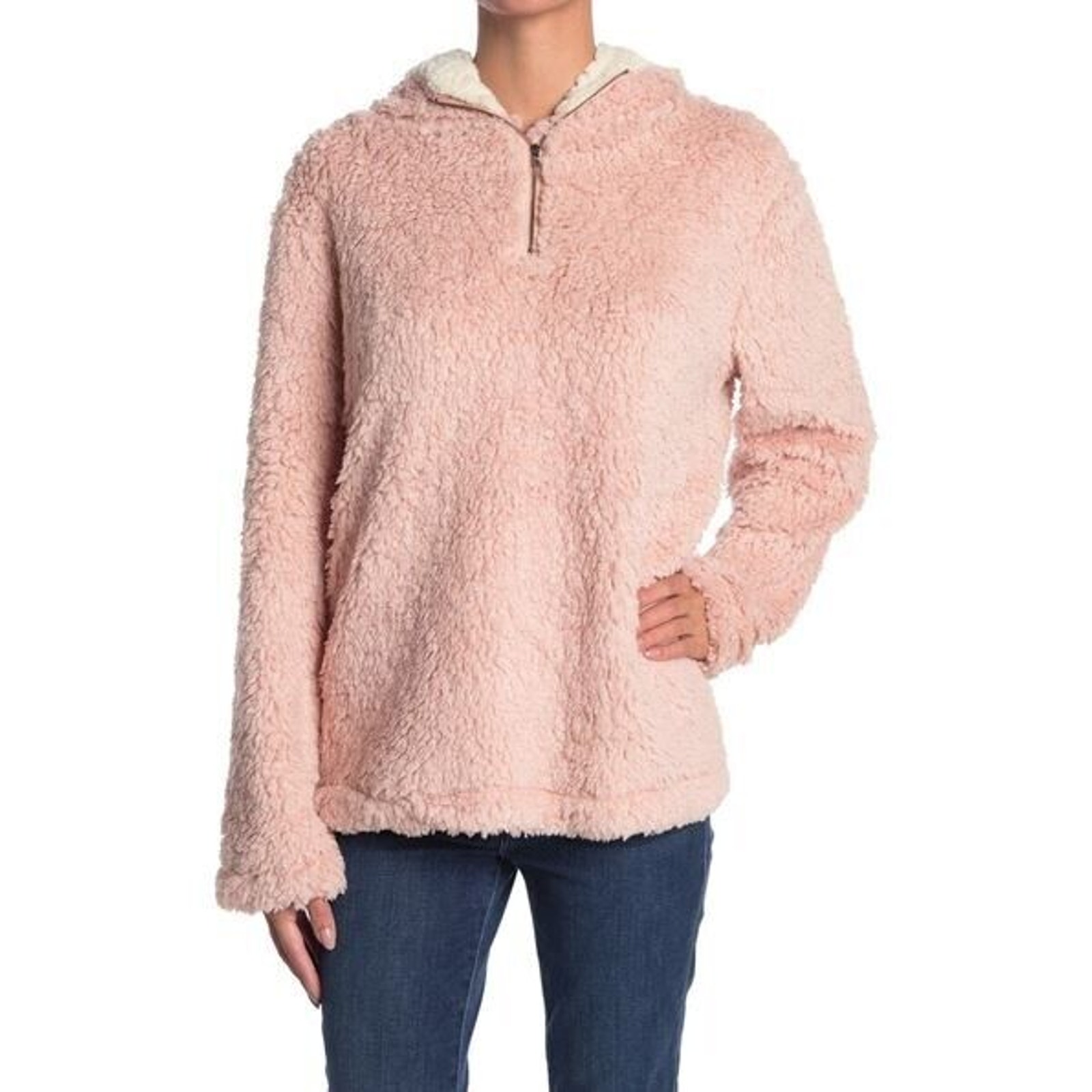 Forgotten Grace Women's Hooded Quarter Zip Faux Shearling Pullover Blush Medium