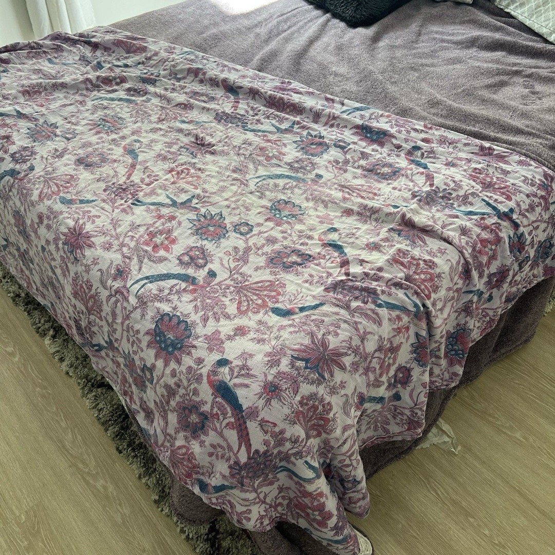 Hand Loomed Bedspread Blanket Size Full Queen 100% Cotton Birds Paisley Purple