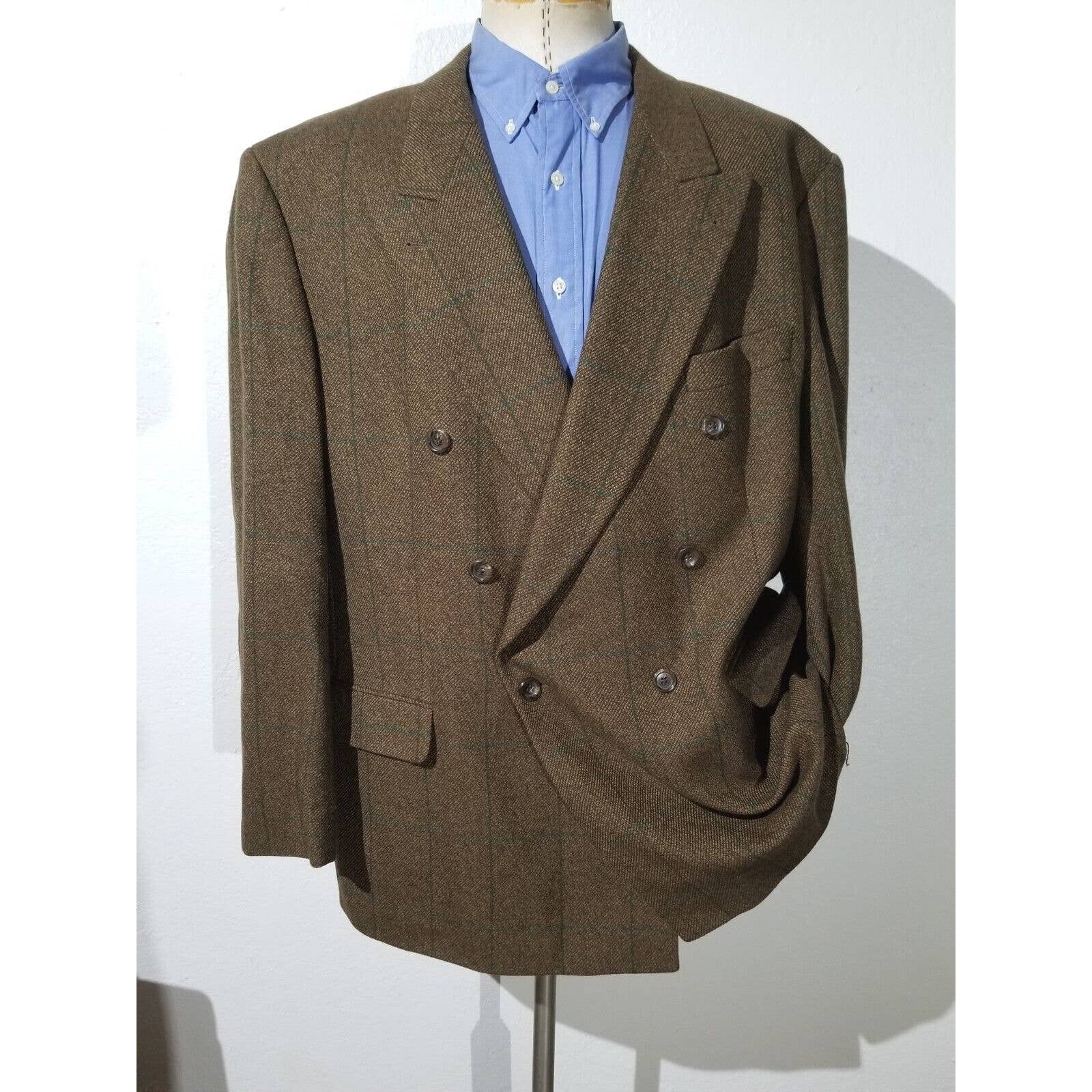 Vintage Hugo Boss Brown Green Tweed Double Breasted Blazer Sport Coat Jacket 48R