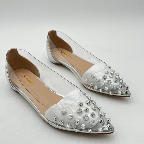 XYD Silver Rhinestones Studded Ballet Flats Rivets Hidden Heels Slip On Pointed