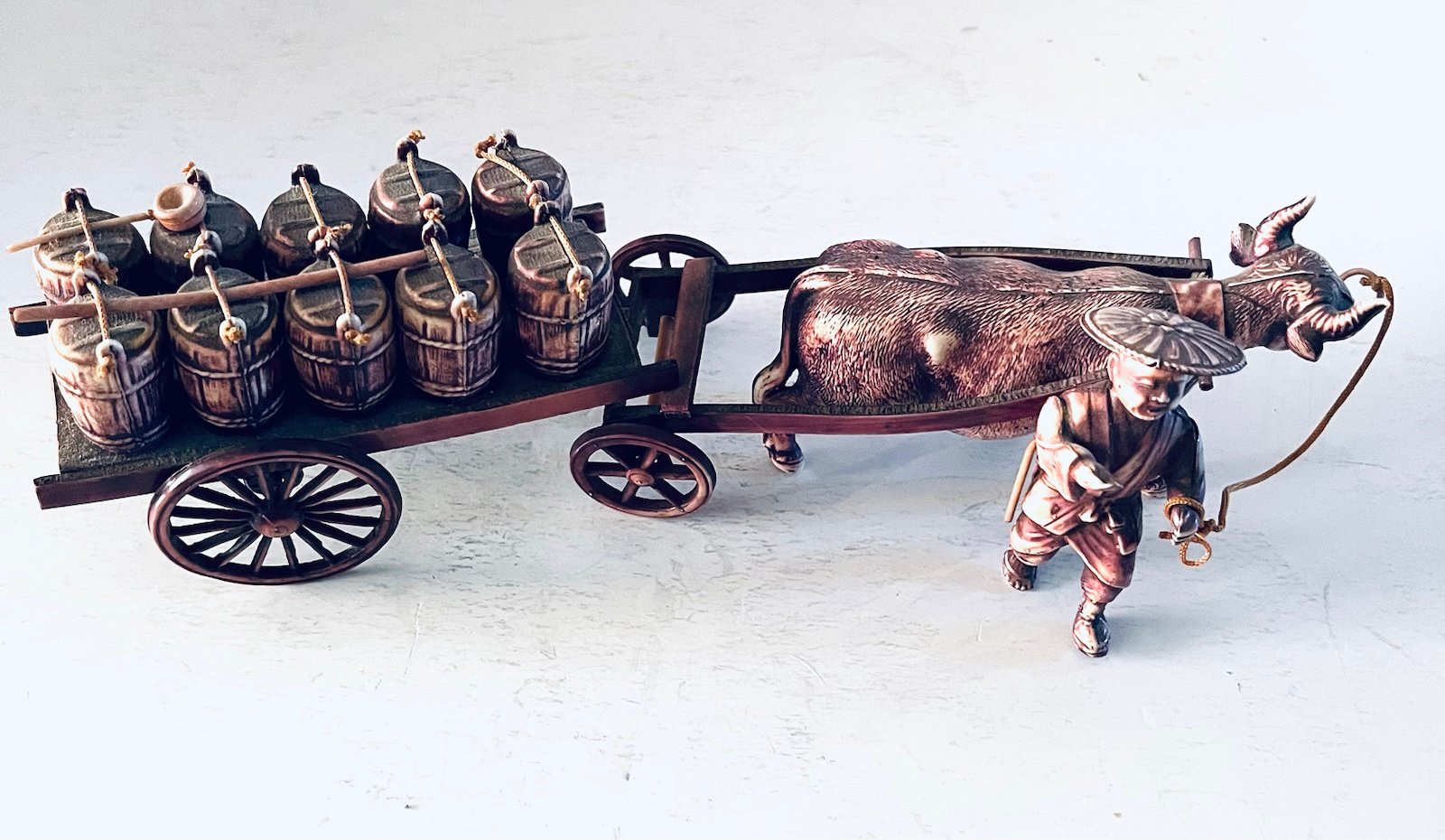 Vintage Asian Collectible Celluloid Man With Ox and Barrel Cart 9.5 3 Pc Set