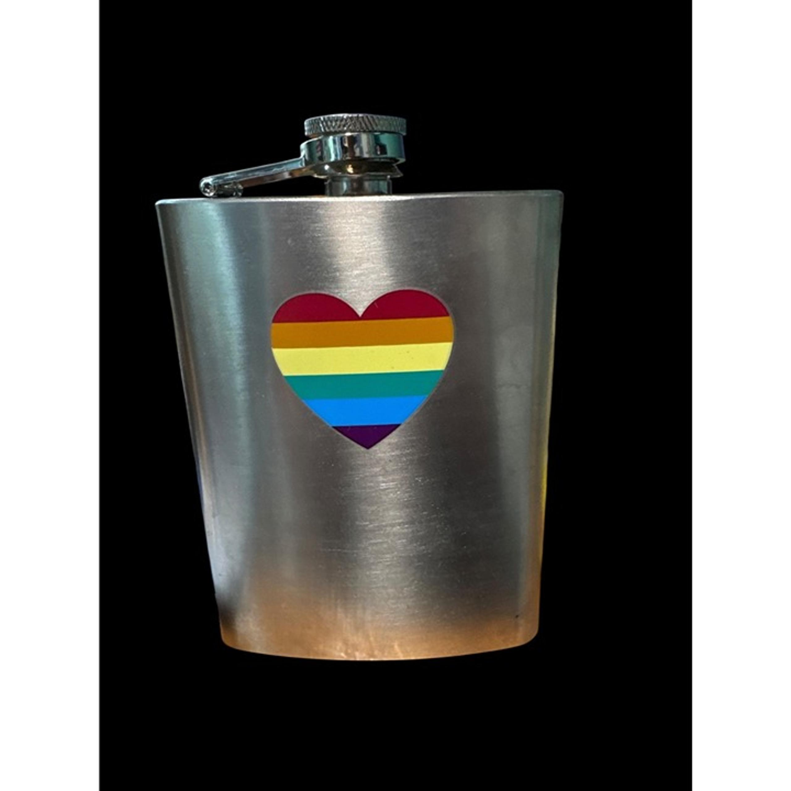 Rainbow Heart Stainless Steel Flask 8 Oz With Screw Cap & Hinged Top LGBTQ Pride