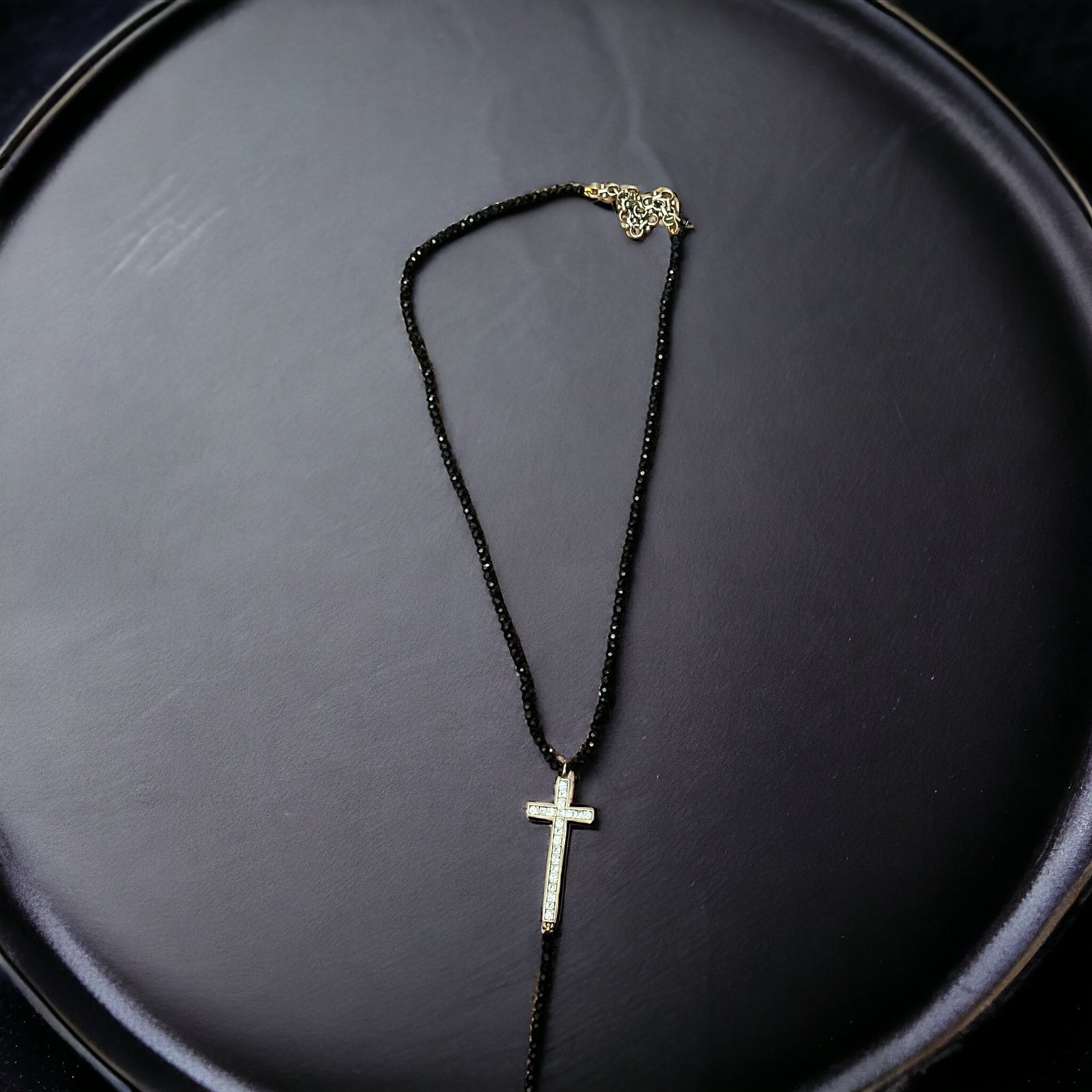 Heidi Daus black necklace with gold cross 42 inches