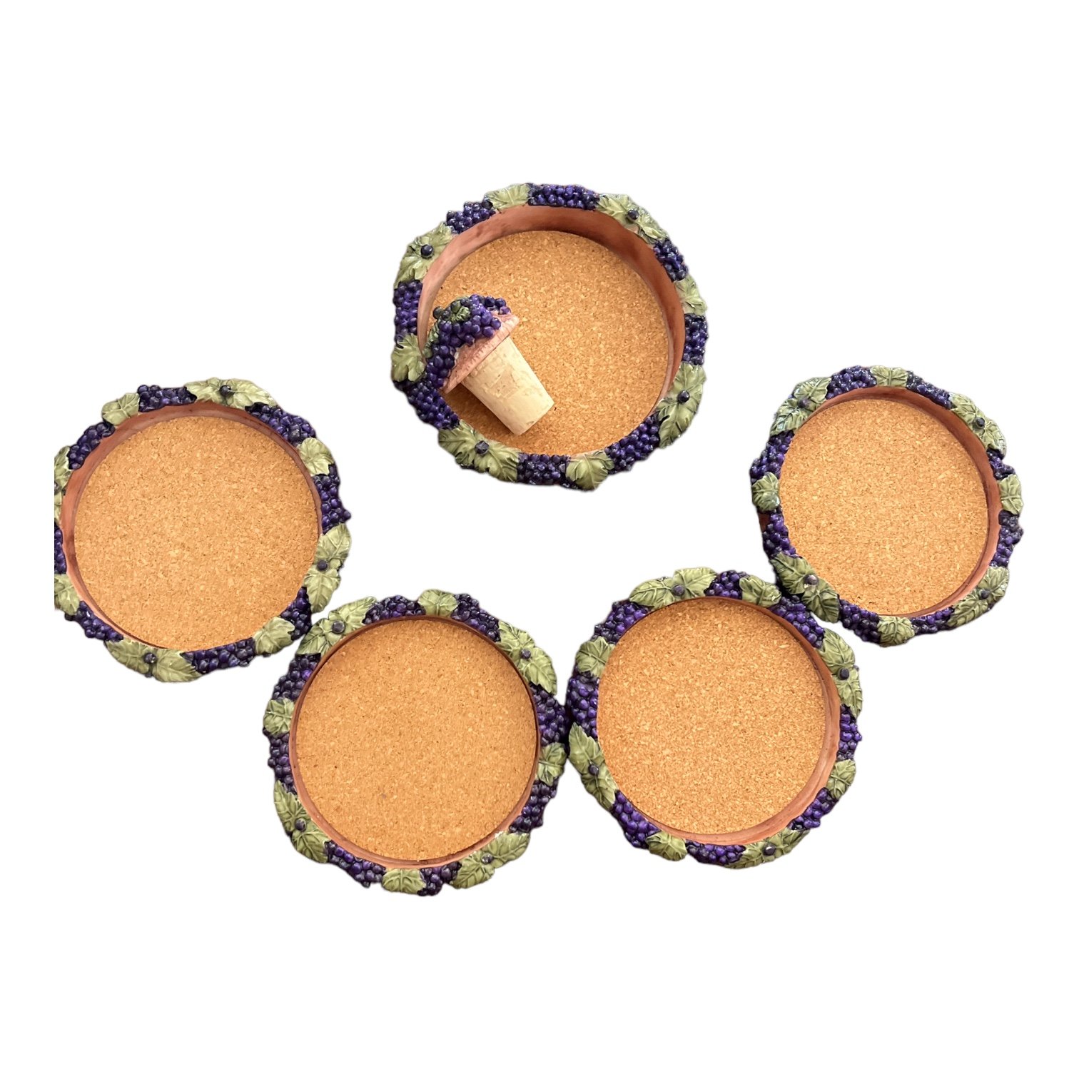 1980's 6-Pc Grapevine Resin Coaster Set W/ Wine Bottle Cork