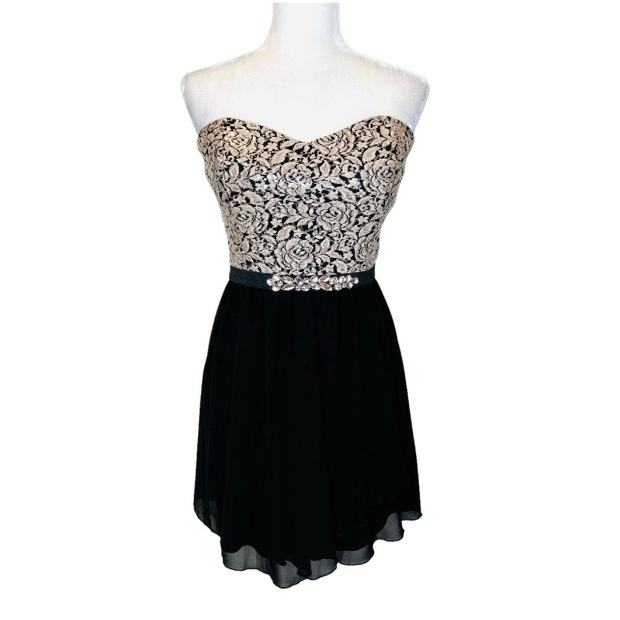 BCX Prom HOCO Dress Sz 13 Blush Pink Black Formal Strapless Sweetheart Floral