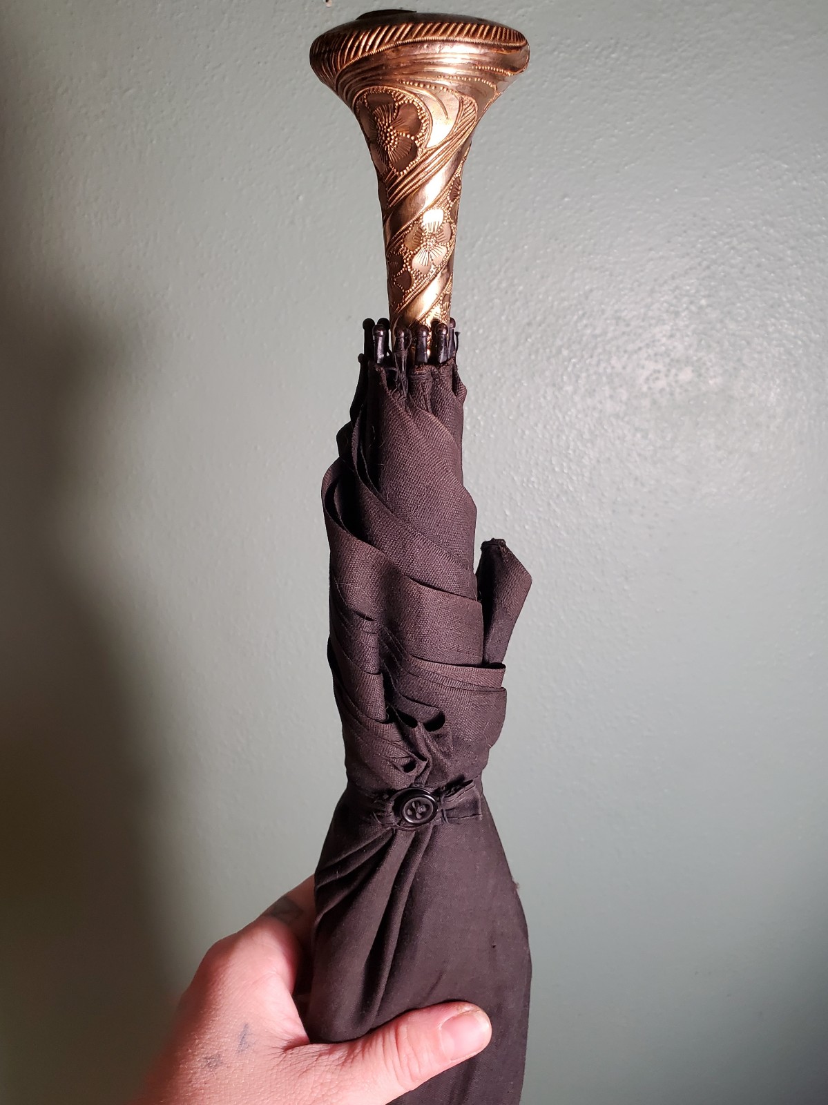 True Antique Black Cloth Mourning Parasol/Umbrella With Floral Brass Handle