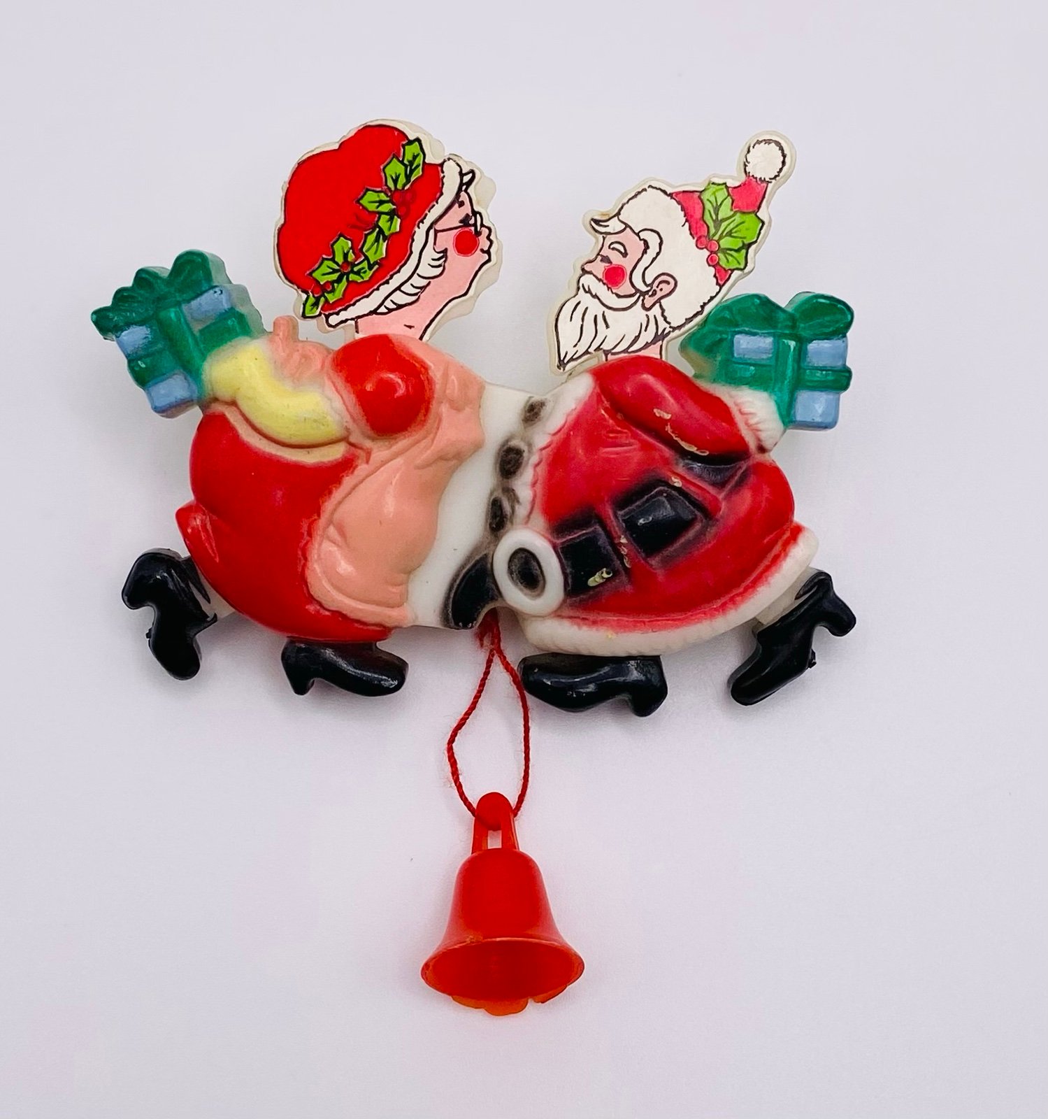 Vintage JUMPING JACK Kissing Santa and Mrs Clause Pull String Brooch