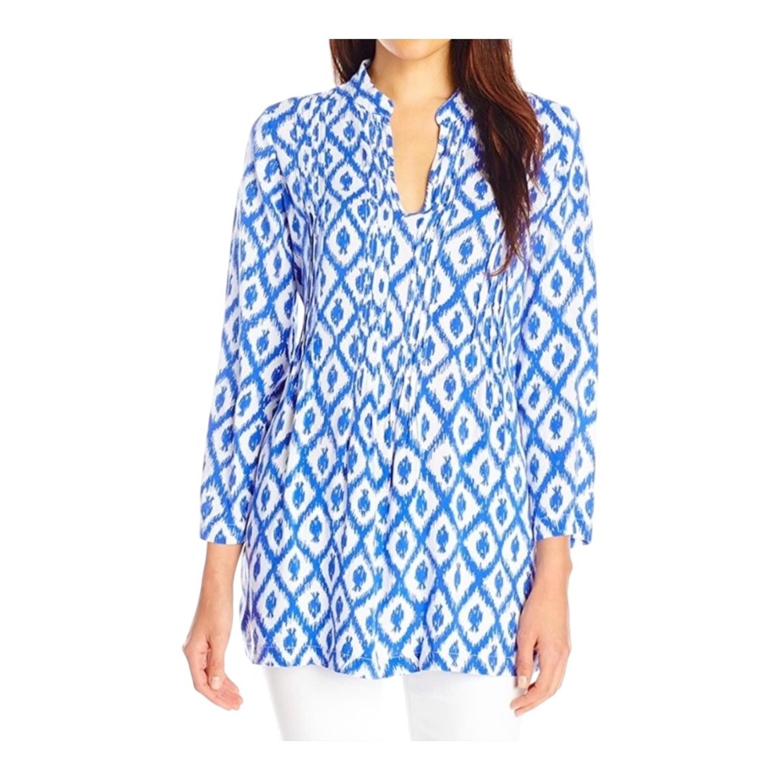 Lilly Pulitzer Sarasota Tunic Top Blue White Ikat Print 3/4 Sleeve Women Size XS