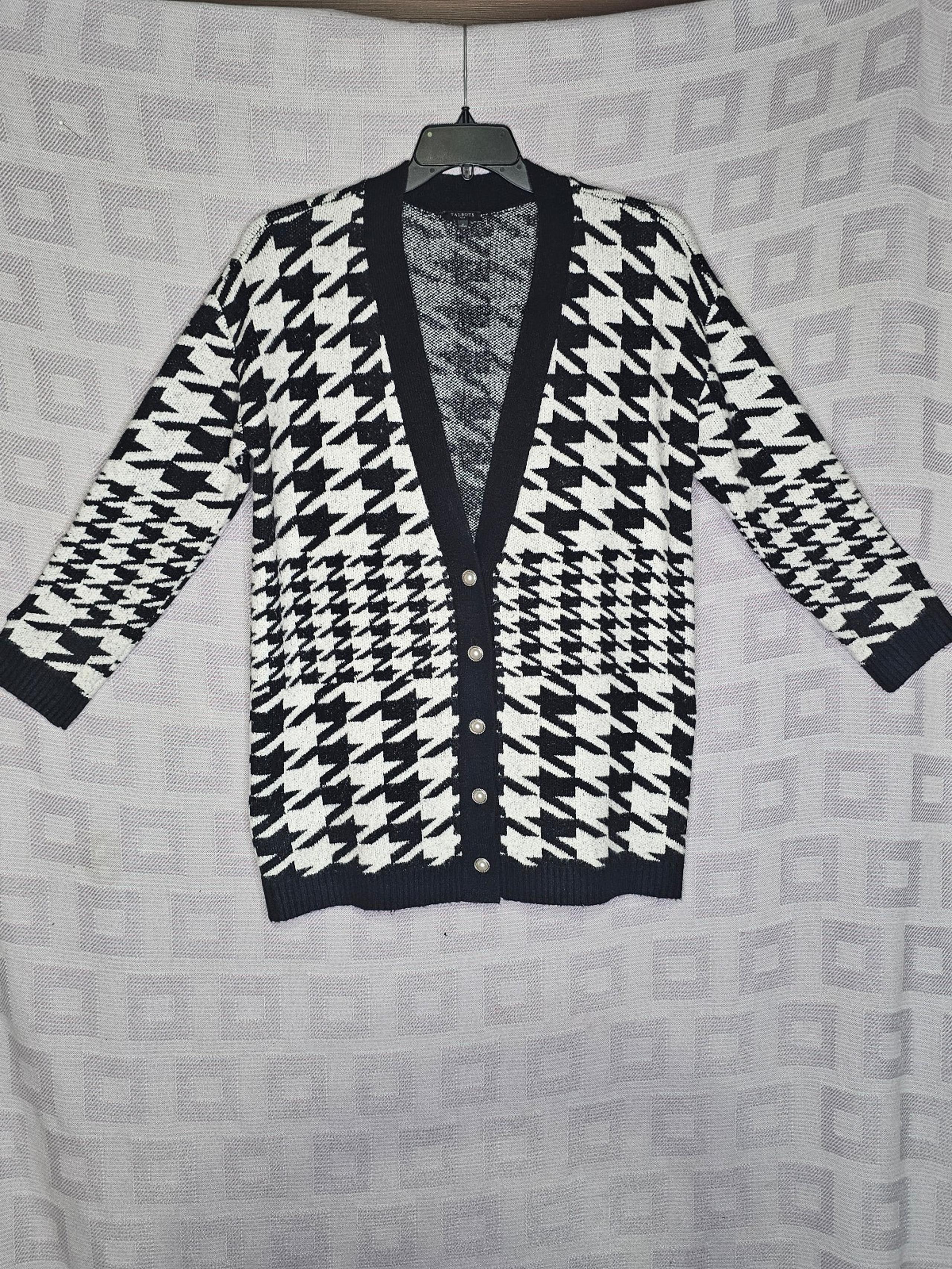 Talbots Plus Sz. 1X Black White Houndstooth V-Neck Button Down Cardigan Sweater