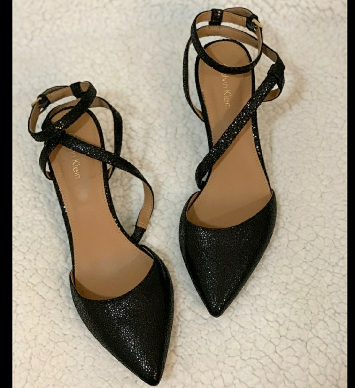 Kalvin Klein Patent Snake Print Strap Heels