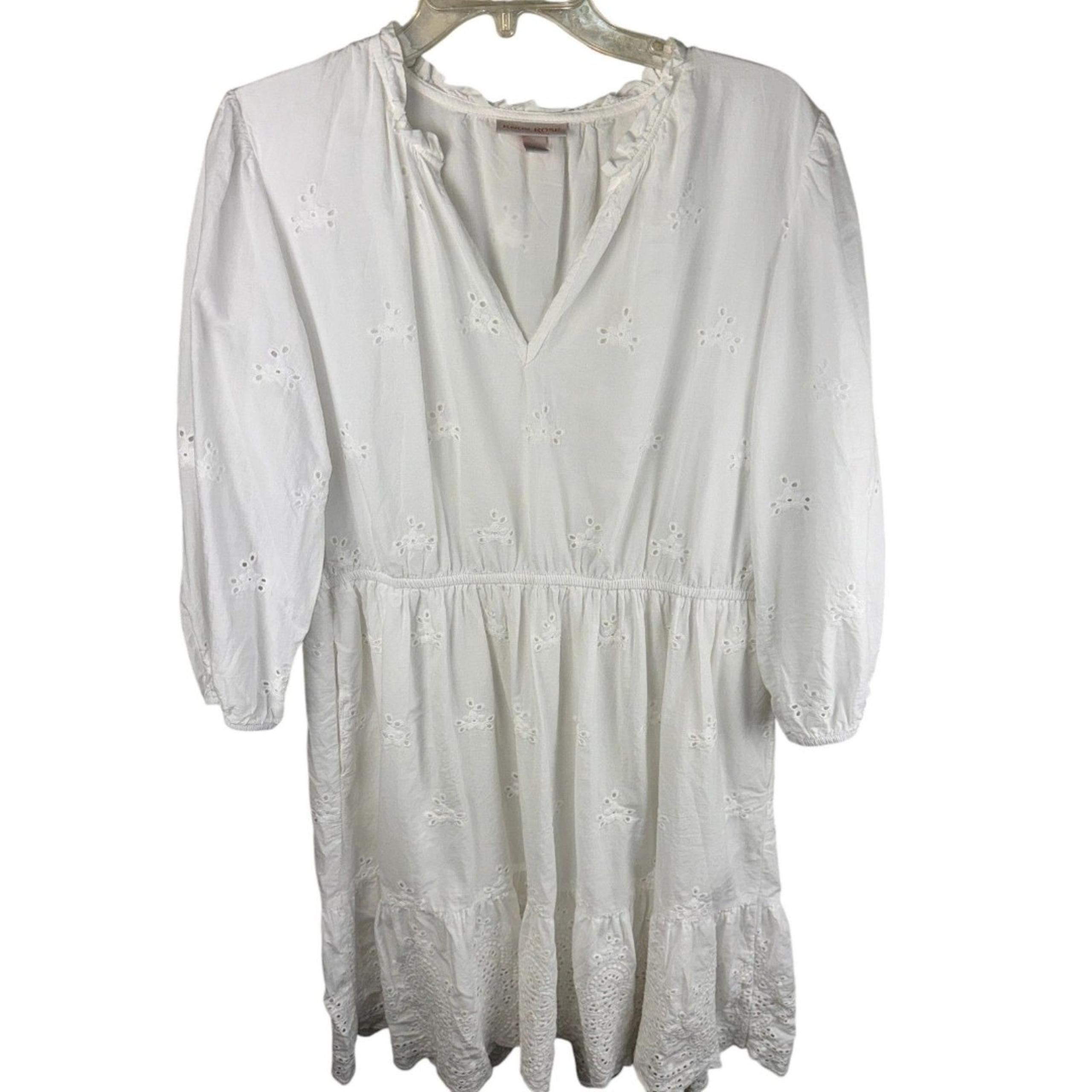 Knox Rose White Eyelet Mini Dress Women Size Large 3/4 Sleeve Lined Pockets