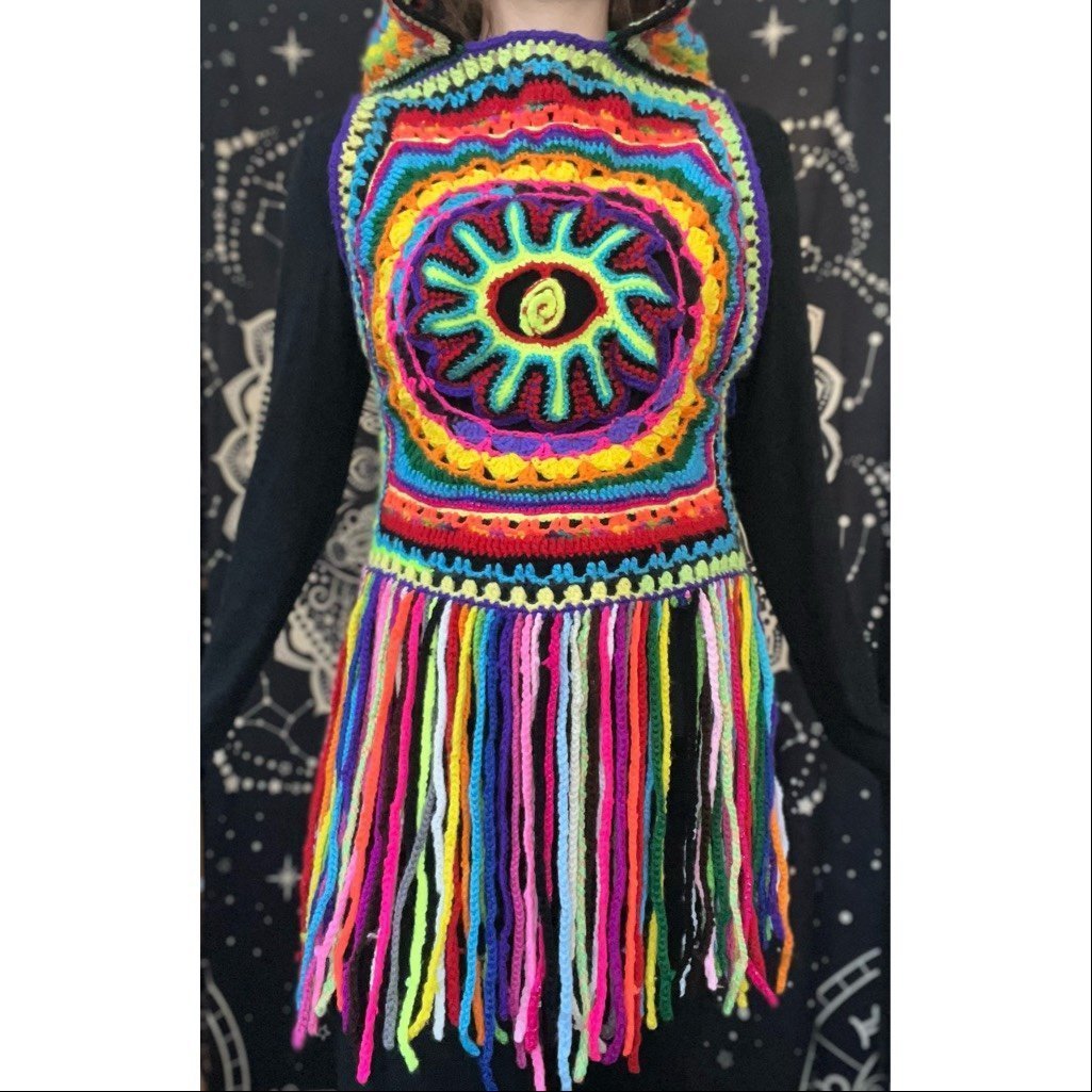 ✨Handmade Crochet Rainbow Freeform Eye Mandala Fringe Hooded Sweater Vest