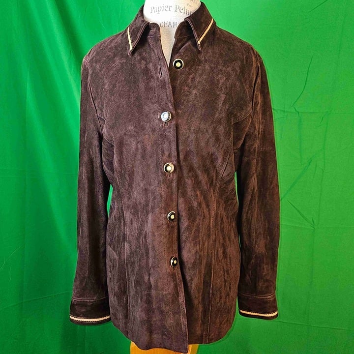 St John Sport Womens Brown Suede Leather Long Sleeve Button Down Shirt Jacket M