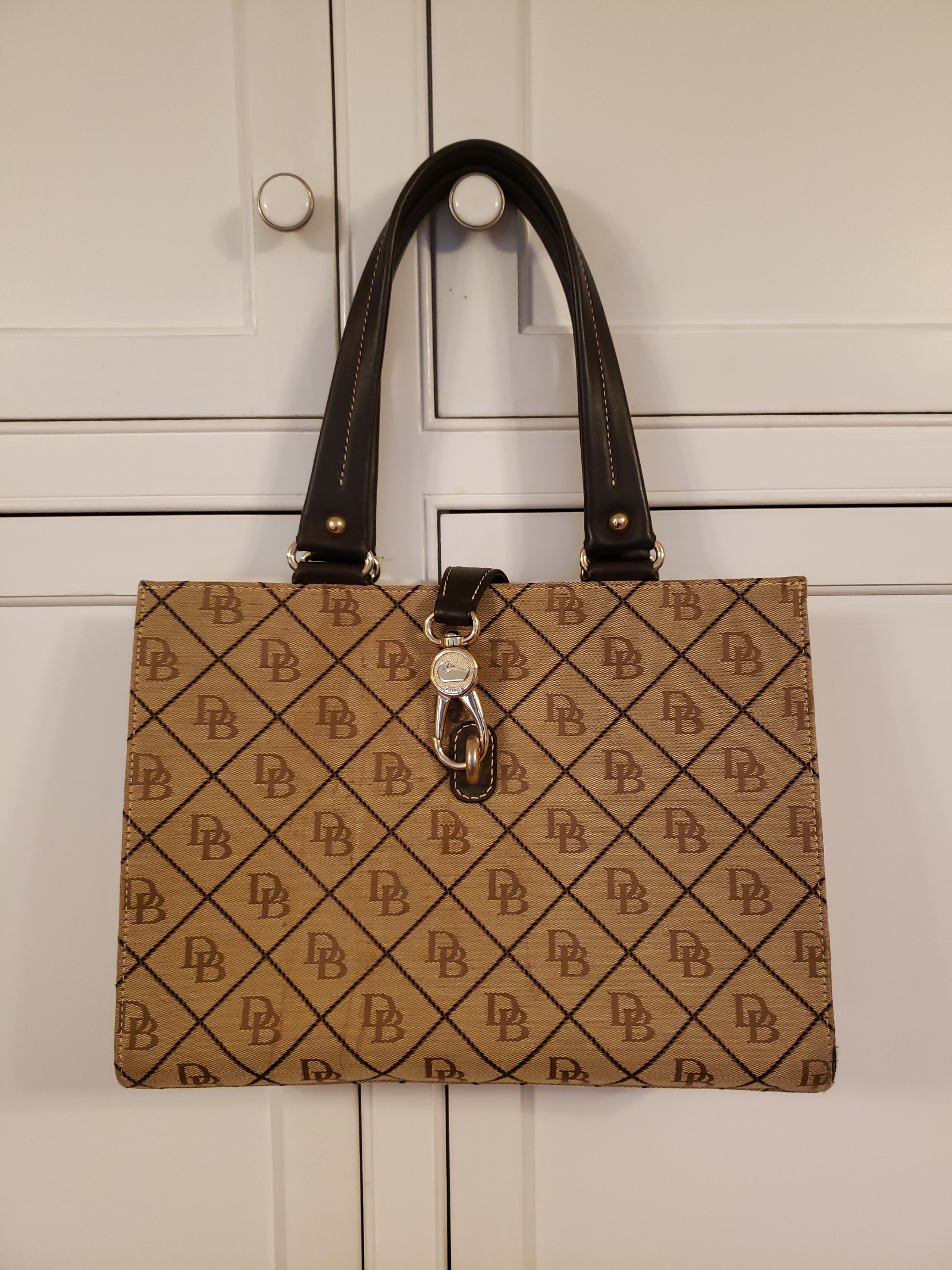 Dooney and Bourke Handbag/ Tote Medium D+B Fabric and Brown Leather Straps